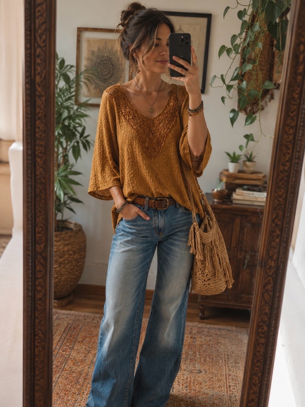 ONE WORLD Mustard Yellow Embroidered V-Neck Knit Top